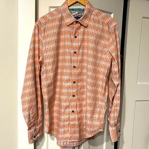 Robert Graham Men’s Dress Shirt Orange and Blue Print Flip Cuffs Size Large